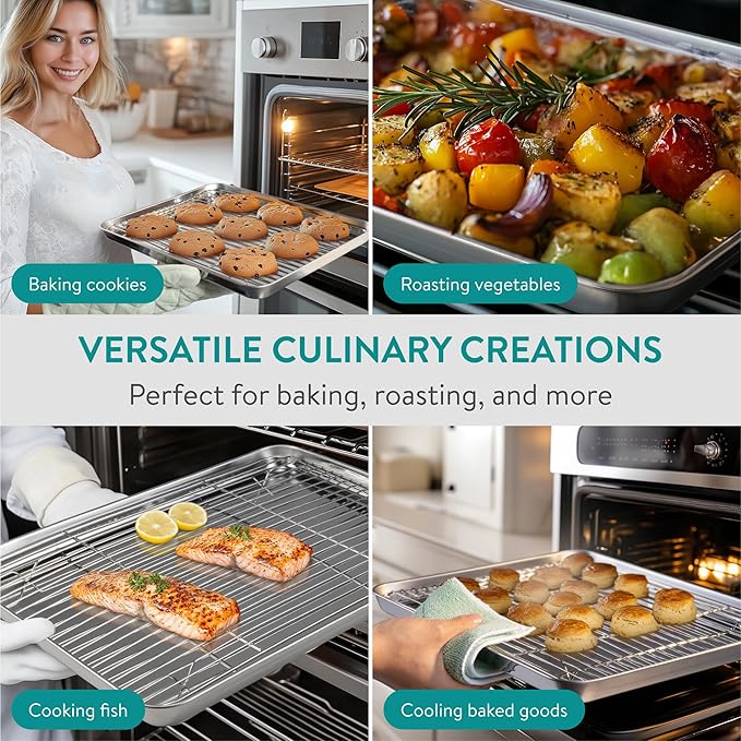 Navaris Half Sheet Baking Pan Breading Trays w Racks - Stainless Steel Baking Sheet with Wire Rack Insert for Oven Cooking - Cookie Bacon Tray - Set of 4 15.7x11.8 (40x30cm)