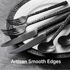 KINGSTONE 36 Pcs Black Hammered Silverware Set with Steak Knives for 6, 18/10 Stainless Steel Heavy Duty Flatware Set, Tableware Cutlery Utensil Sets for Home Restaurant Dishwasher Safe
