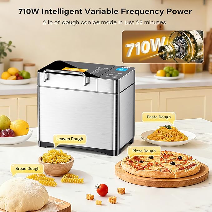 KBS Pro 710W 2LB Bread Maker, Stainless Steel 17-in-1 Smart Bread Machine with Healthy Ceramic Pan, Automatic Nut Dispenser, Tempered Glass Touch Panel, 3 Crust Colors, 15H Timer& Keep-Warm, Recipes