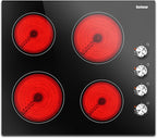 Karinear 24 Inch Electric Cooktop 4 Burners Electric Stove, Knob Control,6000W, Built-in Radiant Hob,Residual Heat Indicator, Overheat Protection,Hardwired 220V Radiant Ceramic Stove(Silver Knob