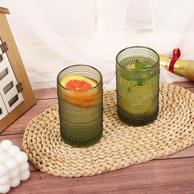 Moretoes Hobnail Drinking Glasses Set of 6,12 Oz Highball Glasses Clear Embossed Boho Water Glass Cups Kitchen Bar Tumbler Glassware Set for Whiskey, Beer, Juice, Milk and Various Mixed Drinks (Green)