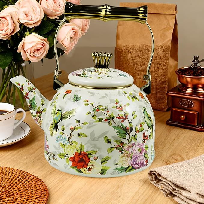 Vintage Enamel Tea Kettle, Birds Floral Pattern Stovetop Teapot with Gold Handle, 2.5L Enamel Kettle Kitchen Decor, Ideal Gift for Housewarming Camping Coffee Pot