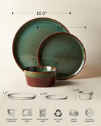 Pokini Plates and Bowls Sets for 6, Ceramic Dinnerware Sets, Kitchen Dish Set, Microwave & Dishwasher Safe Dishware, Highly Durable Reactive Glazed Dinner Set, Brown Green