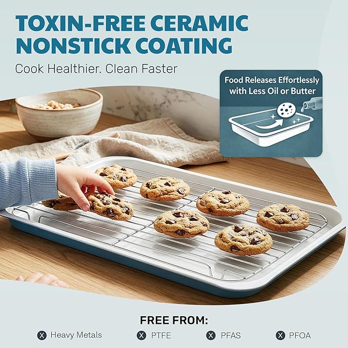 Gotham Steel 6 Pc Stackable Baking Pans Set, 70% Space Saving Design, Ceramic Bakeware Sets Non Toxic Made Without PFOA PFOS, with Baking Sheet Tray, Cake & Muffin Pans, Oven & Dishwasher Safe