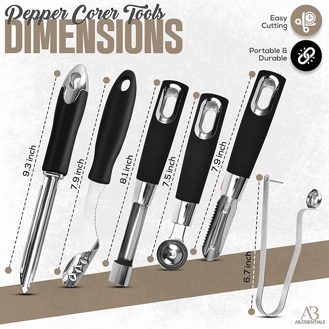 Fruit and Vegetable Corer Set – 6 PCS Stainless Steel Apple Corer, Jalapeno Tool, Melon Baller, Pepper Corer Seed Remover Tool, Pineapple Tomato & Zucchini