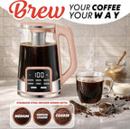 Gourmia Electric Glass Kettle – 1.7L Programmable Tea & Coffee Brewer with Digital Touch Display, 6 Presets, Removable Stainless Steel Infuser, Cordless with 360° Swivel Base, Peach
