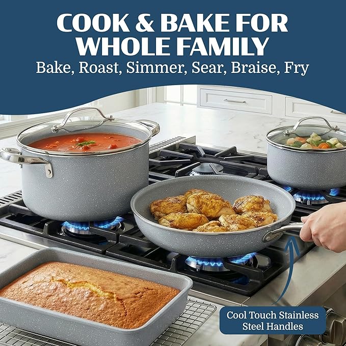Granitestone Ceraluxe 20 Pc Ceramic Cookware Set Nonstick, Complete Pots and Pans Set Non Stick with 5 Pc Bakeware Set, Deep Frying Pan Set, & Steamer, Non Toxic PFOA Free, Oven & Dishwasher Safe