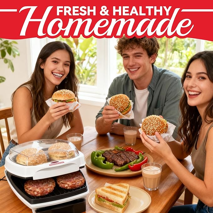 2 In 1 Hamburger Grill Maker, Electric Indoor Grill and Panini Press with Non-stick Grill Plates, 1200W, Easy to Clean and Store, White