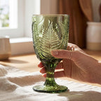 Green Stemmed Goblet, Hand-Pressed Fern Embossed Textured Glass for Water, Cocktails & Wine, Retro Boho Colored Stemware, Decorative Bar Drinkware for Kitchen Dining Table, Unique Botanical Style Gift