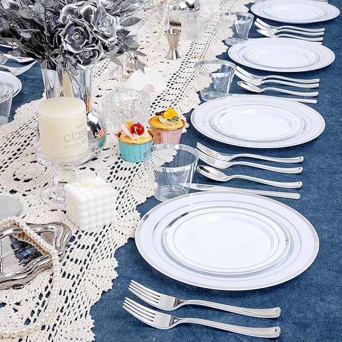WELLIFE 600 PCS Silver Disposable Dinnerware Set for 100 Guests, Wedding Plates Silver Plastic Plates for Party, 100 Each-Dinner & Salad Plates, Cups, Forks Knives Spoons for Wedding and Anniversary