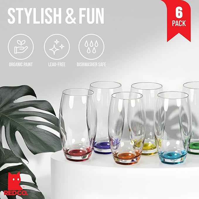 Red Co. Large 16 oz Multicolored Drinking Glass Set of 6 for Water, Beverage, Cocktail, Mixed Drinks
