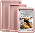 HONGBAKE Baking Sheet Pan Set, Cookie Sheet for Oven, Nonstick Bakeware Sets with Wider Grips, 3 Pack Half/Jelly Roll/Quarter Baking Tray, Premium, Dishwasher Safe-Pink