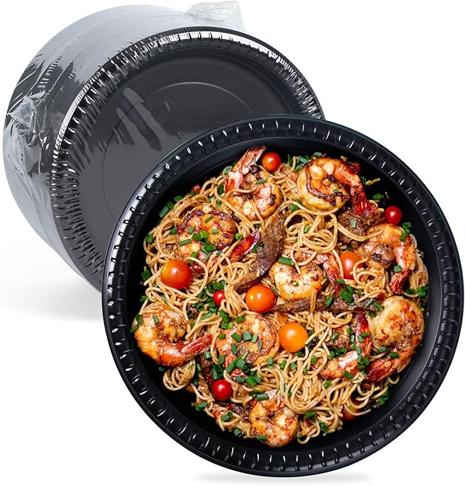 YANGRUI Plastic Plates Mineral Filled PP 10" - 150 Pack Shrink Wrap | Commercial Grade Black Shatter Resistant Trays | Reusable Dishwasher Microwave Safe BPA Free | Heavy Duty Bulk Party Plate