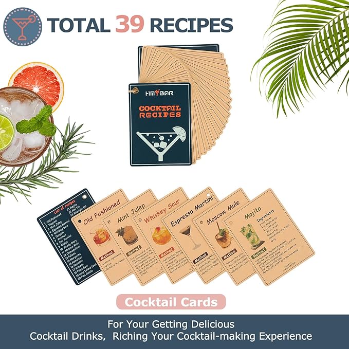 HMYBAR® 22-pc Cocktail Shaker Set(24oz/700ml) | Mixology Bartender Kit | Bar Tool Set | Martini Making Set with 39-Recipe Cocktail Cards & Kit's Deco, Bamboo Stand Black Color, Silver Tools