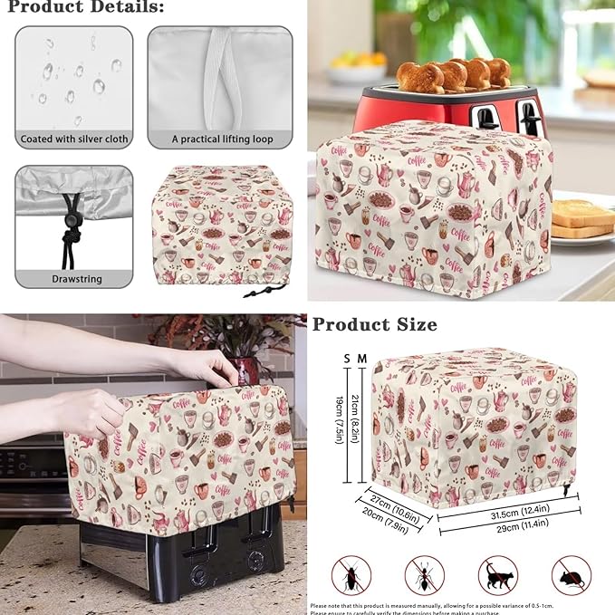 Pink Coffee Theme Kitchen Appliance Covers Set Toaster Cover 2 Slice Food Processor Hood Crock Pot Dust Cover with Side Pockets Machine Washable 3PCS