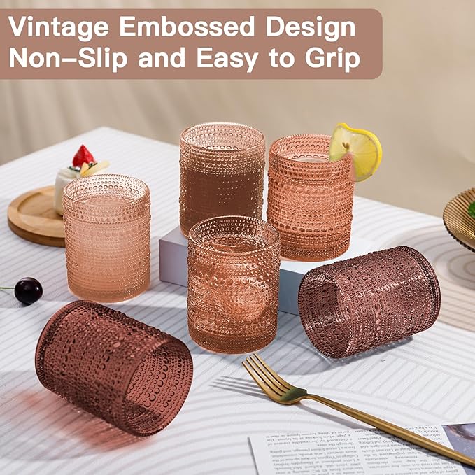 JOVGANK Venus Vintage Hobnail Drinking Glasses Set of 6, Embossed Water Tumbler 12oz, Kitchen & Bar Beaded Glass Cups, Beverage Glass Cups for Water, Beer, Juice, Housewarming and Mother's Day Gift