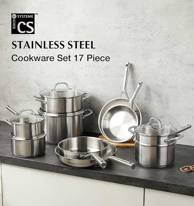 KOCH SYSTEME CS Stainless Steel Cookware Set 17 Piece, Professional 18/10 Stianless Steel Pots and Pans Set, 5-Layer Stainless Base, Oven Safe, Induction Ready, Non-Toxic Kitchen Cookware Set