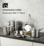 KOCH SYSTEME CS Stainless Steel Cookware Set 17 Piece, Professional 18/10 Stianless Steel Pots and Pans Set, 5-Layer Stainless Base, Oven Safe, Induction Ready, Non-Toxic Kitchen Cookware Set
