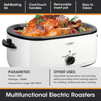 Sunvivi 26-Quart Roaster Oven, Electric Roaster Oven with Viewing Lid, Sunvivi Turkey Roaster with Unique Defrost/Warm Function, Large Roaster with with Removable Pan & Rack, Stainless Steel, White