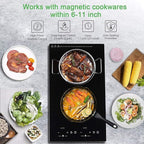 12“ Induction Cooktop, Double Induction Cooktop 2 Burner 110v-120v Electric Stove Top, Countertop and Built-in, 9 Power Levels, Child Lock, 120 Mins Timer