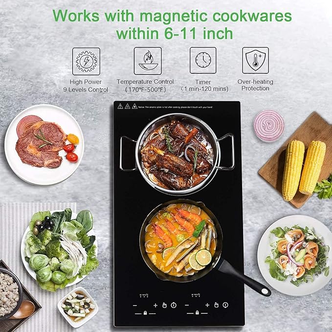 12“ Induction Cooktop, Double Induction Cooktop 2 Burner 110v-120v Electric Stove Top, Countertop and Built-in, 9 Power Levels, Child Lock, 120 Mins Timer