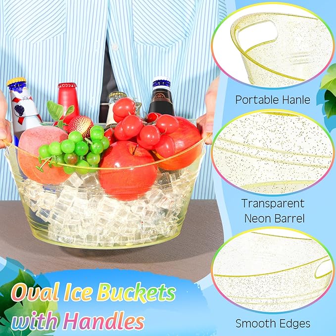 meekoo 6 Pcs Plastic Ice Buckets Bulk with Handles 4.5L Oval Storage Tub Large Capacity Ice Drink Bucket for Party Bar Wine Beer Champagne Beverage Bottle Cooler (4.5 L,Gold)