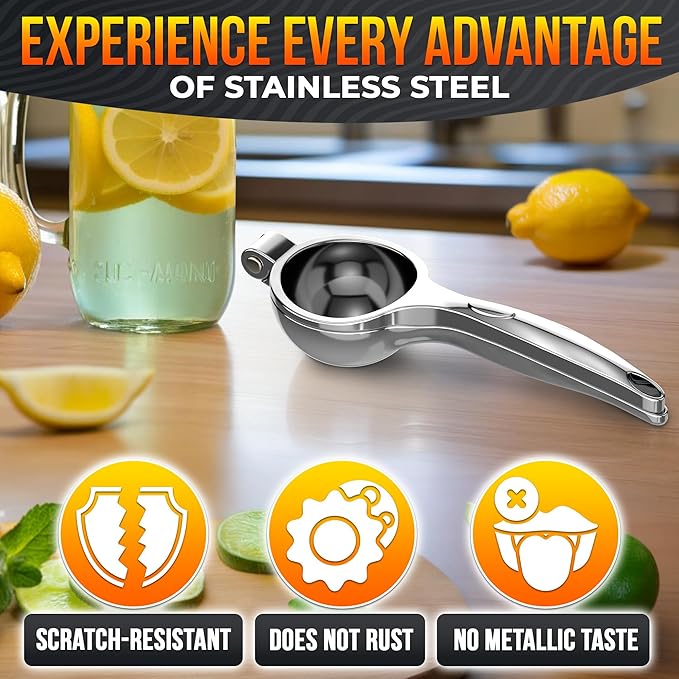 Stainless Steel Lemon Squeezer – 8.3"x2.6" Lime Squeezer | Heavy-Duty, Ergonomic Handheld, Juicer for Citrus Juice Extraction for Holiday & Festive Drinks, Great Kitchen Gifts for Chefs