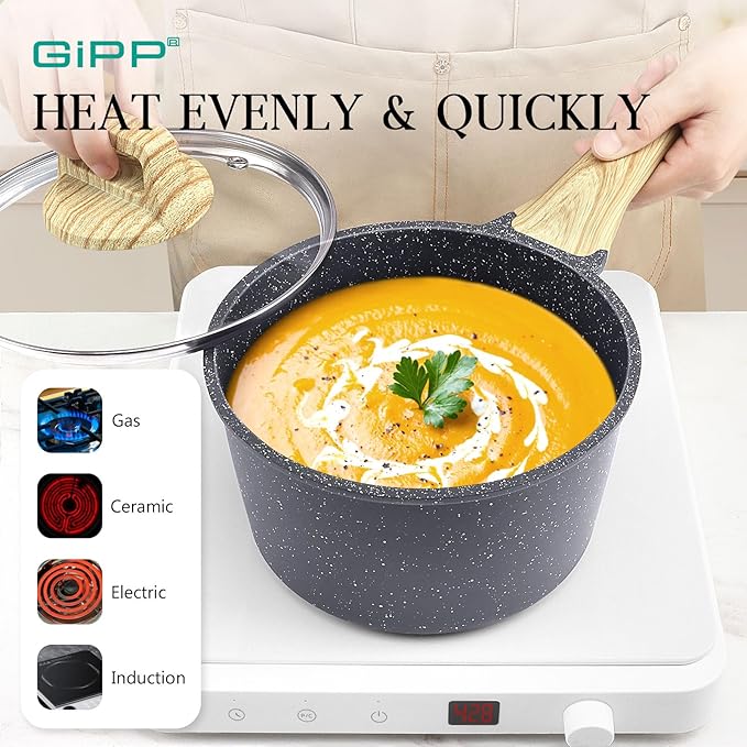 GiPP Pots and Pans Set Non Stick - 14Pcs Granite Kitchen Cookware Sets Nonstick Induction Cookware Non-Toxic Cooking Pan Set with Silicone Utensils, PFOS and PFOA Free, Dark Gray