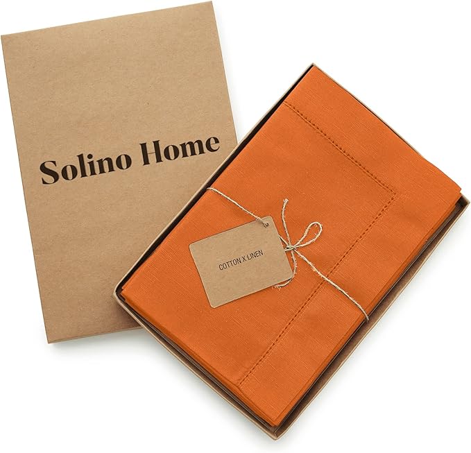 Solino Home Cloth Napkins Set of 4 - Cotton Linen Hemstitch Pumpkin Dinner Napkins 20 x 20 Inch for Holiday - Handcrafted and Machine Washable