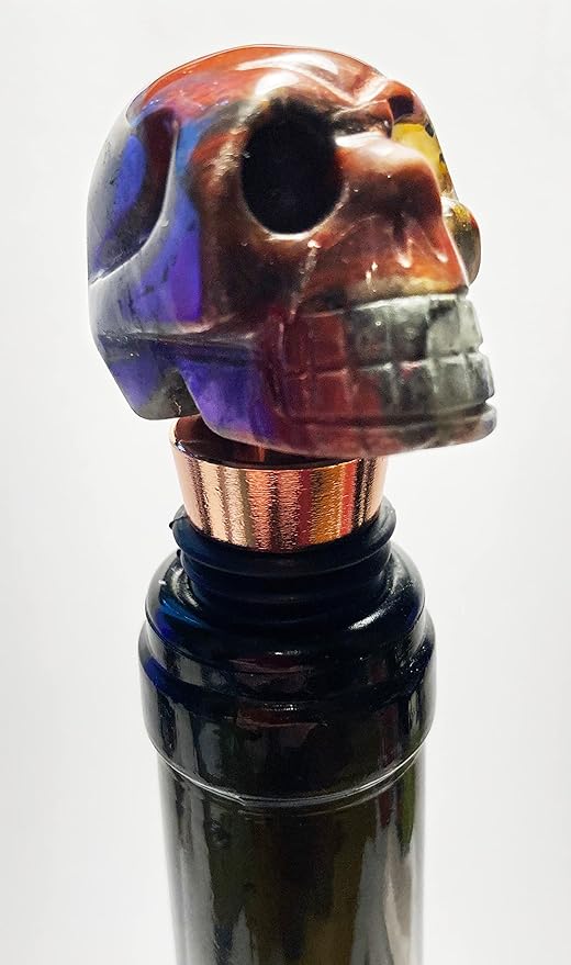 Mazeology’s Handcarved Gemstone Quality Bloodstone Carved SKULL Shaped Wine Bottle Stopper with Six Silicon Food Grade Rings and Rust-proof Aluminum to keep wine fresh.