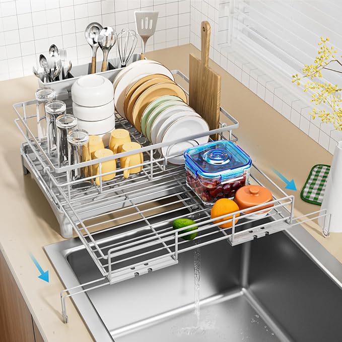 Laveshop Dish Drying Rack - Expandable Rack, Large Capacity Dish Drainer for Kitchen Counter, Rust-Proof with Utensil Holder, Gray