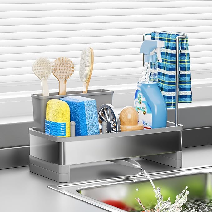 Ewaiira Stainless Steel Sink Caddy, Sponge Holder for Kitchen Sink with Brush Holder Dishcloth Rack, Rustproof Sink Organizer Countertop, Soap Dispenser Kitchen Organizers Storage Essentials, Gray9.8″