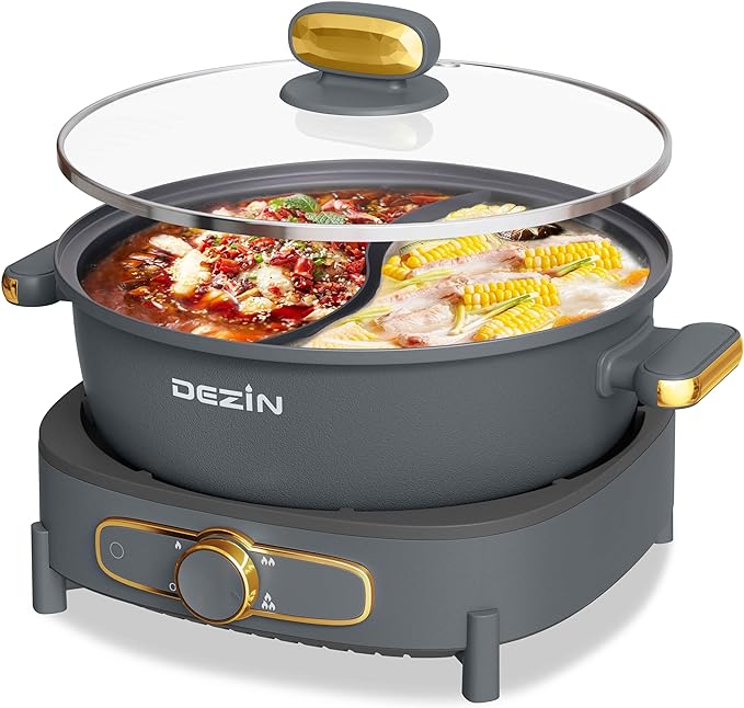 Dezin Hot Pot Electric with Divider, 6L Double-Flavor Shabu Shabu Pot, Dual Sided Removable Non-Stick Hotpot Pot Electric, 3" Depth Chinese Hot Pot with Multi-Power Control, 2 Silicone Ladles Included