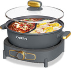 Dezin Hot Pot Electric with Divider, 6L Double-Flavor Shabu Shabu Pot, Dual Sided Removable Non-Stick Hotpot Pot Electric, 3" Depth Chinese Hot Pot with Multi-Power Control, 2 Silicone Ladles Included