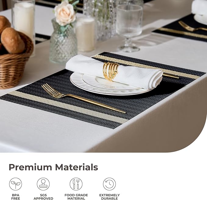 Leetaltree Luxury Black Placemats with Gold Stripes Placemats Set of 4 - Waterproof Washable for Wedding, Anniversary, Daily Use - Sparkling Table Decor - Hand-Cut