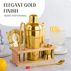 Modern Mixology Cocktail Shaker Set - Bartender Kit with Pine Stand | Leak-Proof Design | Includes Martini Shaker, Jigger, Strainer, Spoon, Tongs | Perfect Bar Tools Gift for Home Mixology (Gold)