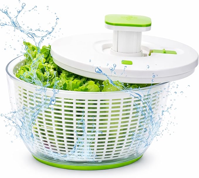 Brieftons QuickPush Salad Spinner: Large 6.3-Quart Vegetable Washer Dryer Strainer Drainer, Easy One-Handed Handle & Brake, Fast Spin Cycles, Compact Storage, to Wash, Clean & Dry Vegetables, Fruits