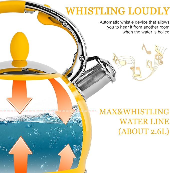 SUSTEAS Stove Top Whistling Tea Kettle - Food Grade Stainless Steel Teakettle Teapot with Cool Touch Ergonomic Handle, With 1 Silicone Pinch Mitt Included, 2.64 Quart,YELLOW