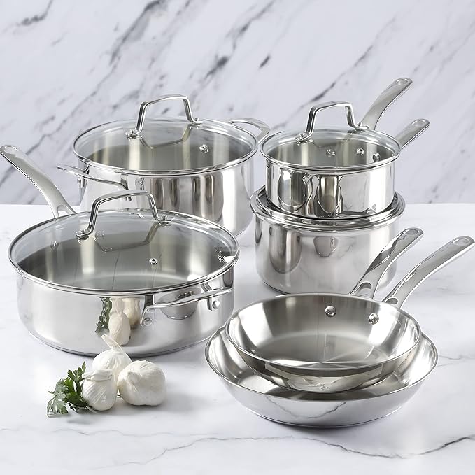 Martha Stewart Castelle 10 Piece 18/8 Durable Stainless Steel Induction Safe Non-Toxic Triply Bottom Kitchen Pots and Pans Cookware Set - Dishwasher Safe
