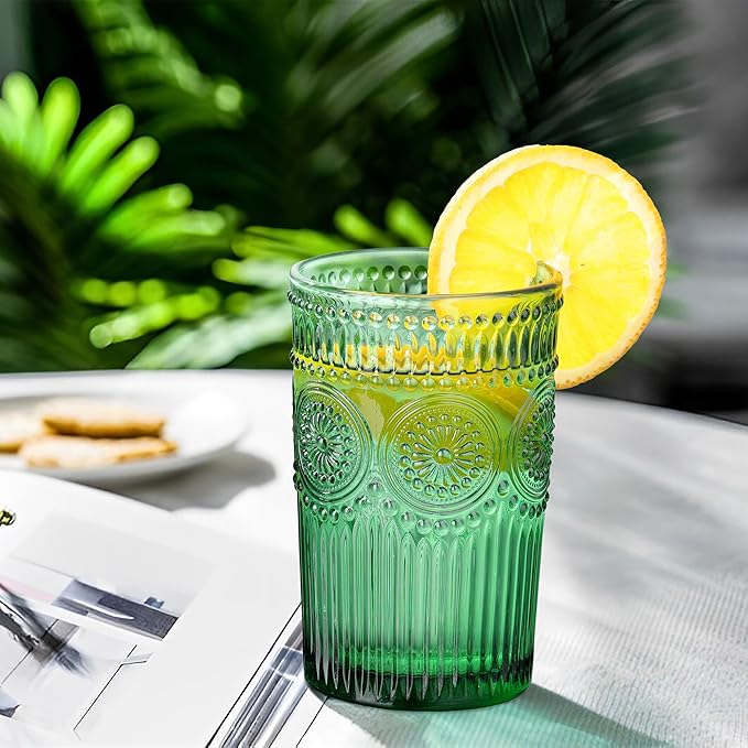 Joeyan Green Vintage Drinking Glasses,Embossed Ribbed Water Glass Cups,Colored Sunflower Patterned Highball,Beaded Tumblers Glassware Set for Beverages Juice,12 oz,Set of 4,Dishwasher Safe