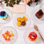 bUCLA 100PCS Clear Rose Gold Plastic Plates Disposable - Heavy Duty 6.25 Inch Clear Plastic Dessert Plates with Rose Gold Trim - Ideal for Party, Wedding & Mother’s Day
