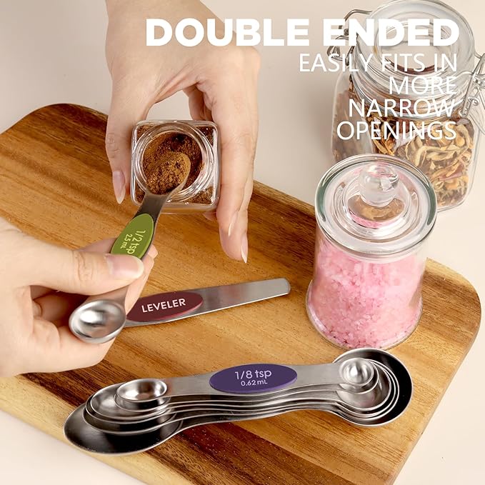 ChefAide Pack of 8 Stainless Steel Magnetic Measuring Spoons Set, Dual Sided, Stackable, Adjustable Teaspoon and Tablespoon Measure Spoon with Leveler, Kitchen Gadgets