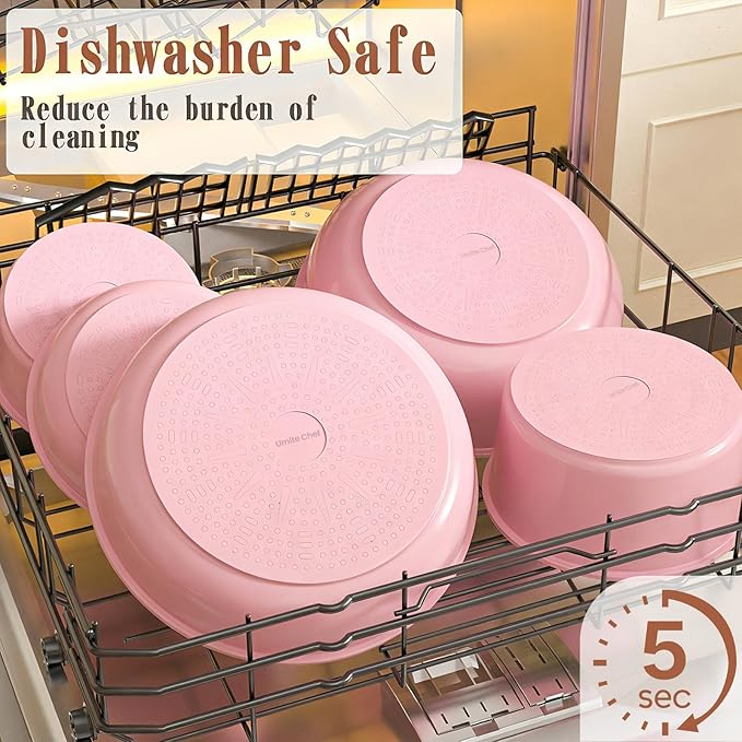 Umite Chef Pots and Pans Set Non Stick, 21 pcs Nonstick Ceramic Cookware Set, RV Kitchen Cooking Set with Detachable Handles, Oven Safe, Induction Cookware, Stackable, Pink, PFAS PFOA & PTFE Free
