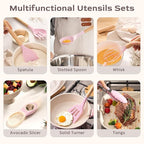 Astercook Kitchen Utensils set, 39 PCS Silicone Cooking Utensils Set with Wooden Handle, 446°F Heat Resistant Food Grade Utensil Sets, BPA Free Kitchen Gadgets Tools Set for Nonstick Cookware (Pink)