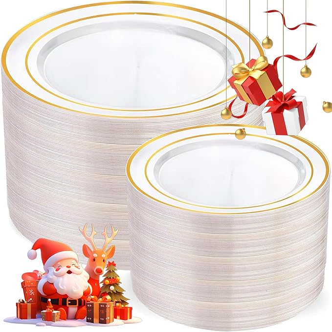 I00000 200 Pcs Clear Gold Plastic Plates - Disposable Party Plates, Gold Plate Disposable Include 100 Dinner Plate and 100 Dessert Plate, Plastic Plate for Party, Holiday, Wedding & Birthday