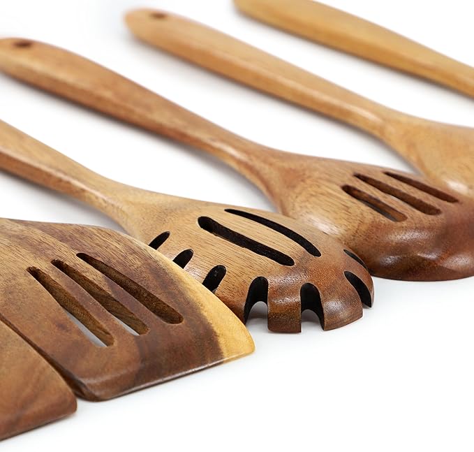 Elama 7 Piece Acacia Wood Kitchen Cooking Utensil Set and Rotating Kitchen Utensil Crock, Cooking Tools, Kitchen Utensils, Countertop Storage (7 Piece Slotted)