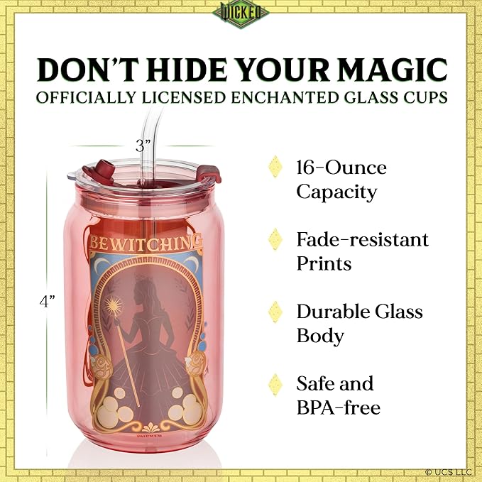 Dragon Glassware x Wicked 16 oz Drinking Glasses Set of 2 - Glass Cups with Lids and Straws - Iced Coffee Cups with Lids - Reusable Glass Tumbler with Straw and Lid - Enchanted