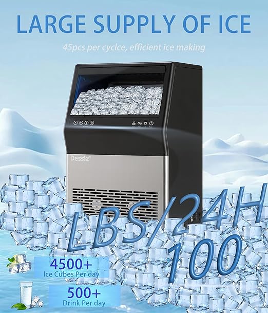 Commercial Ice Maker Machine, 100lbs/24H and 45pcs Stainless Steel Freestanding Ice Machine, Tap Water & Top Loading Under Counter ice Maker,Self-Cleaning for Bar Office Restaurant