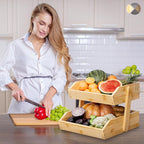 Bamboo 2 Tier Fruit Basket for Kitchen Counter, Large Capacity Fruit Storage Countertop, Fruit Holder, Wood Pantry Organizers and Storage, Kitchen Countertop Organizer With Two Banana Hangers (Bamboo)