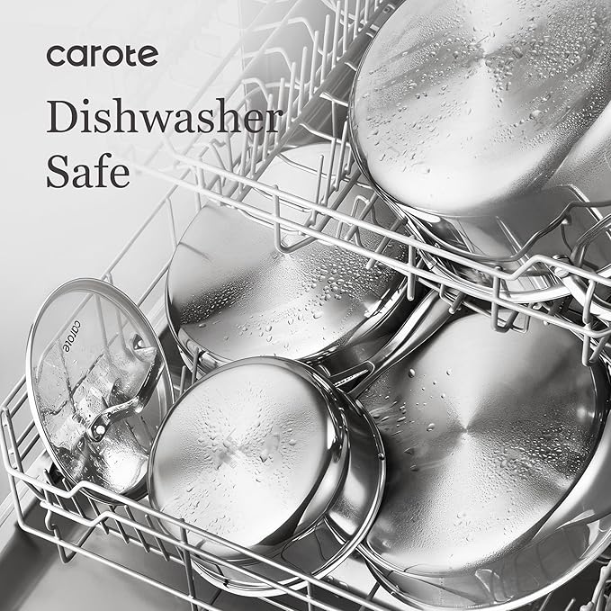 CAROTE 21pcs Tri-Ply Stainless Steel Cookware Set, Pots and Pans Set, Non Toxic Induction Kitchen Cooking Sets, Cookware Collection, Mirror Polish, Silver
